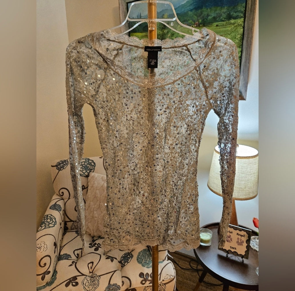 Moda International Silver Sequin Shear Blouse Sz XS