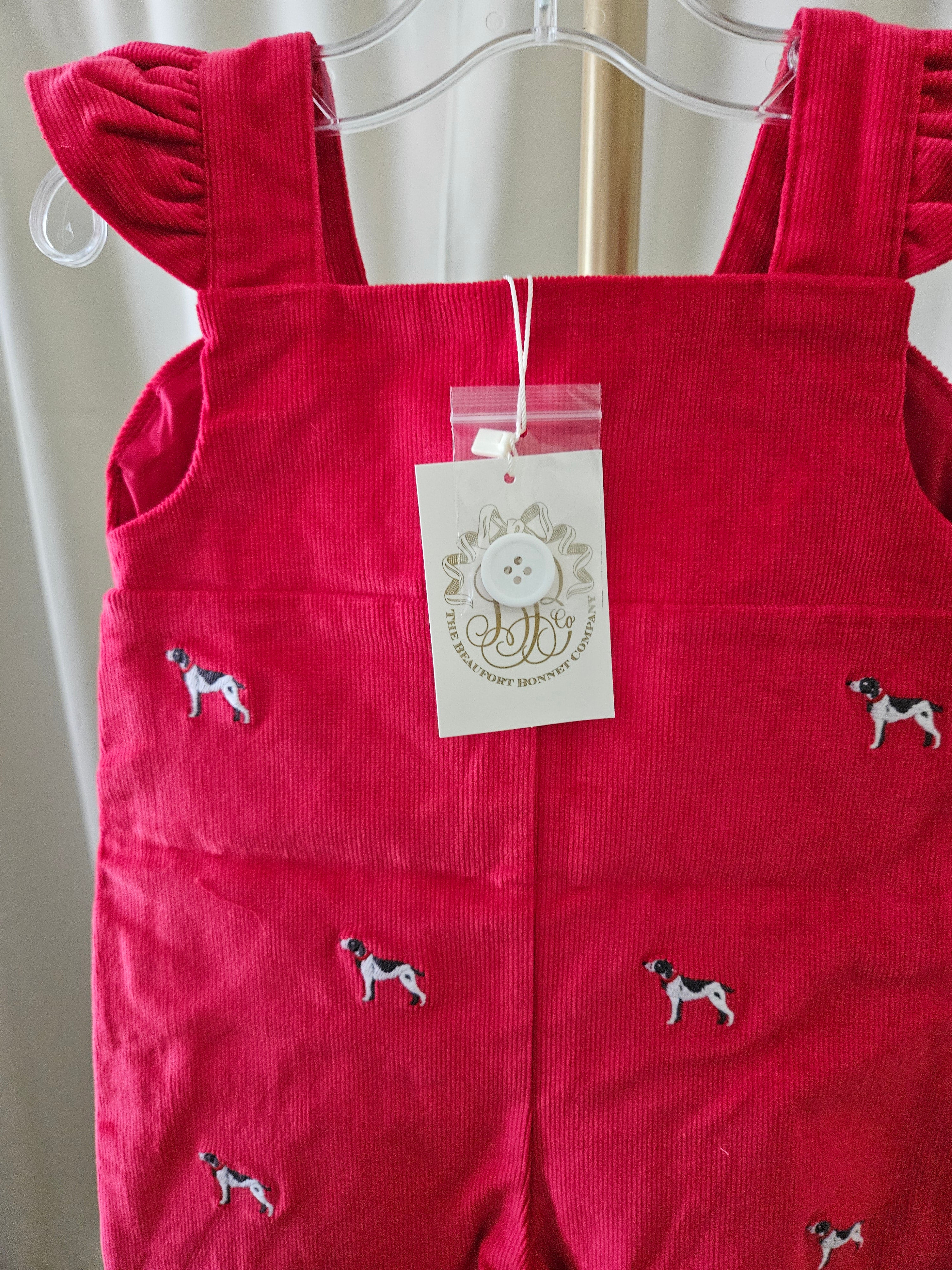 The Beaufort Bonnet Company Critter Violet Corduroy Overall Romper Embroidered Dogs Sz 12-18M
