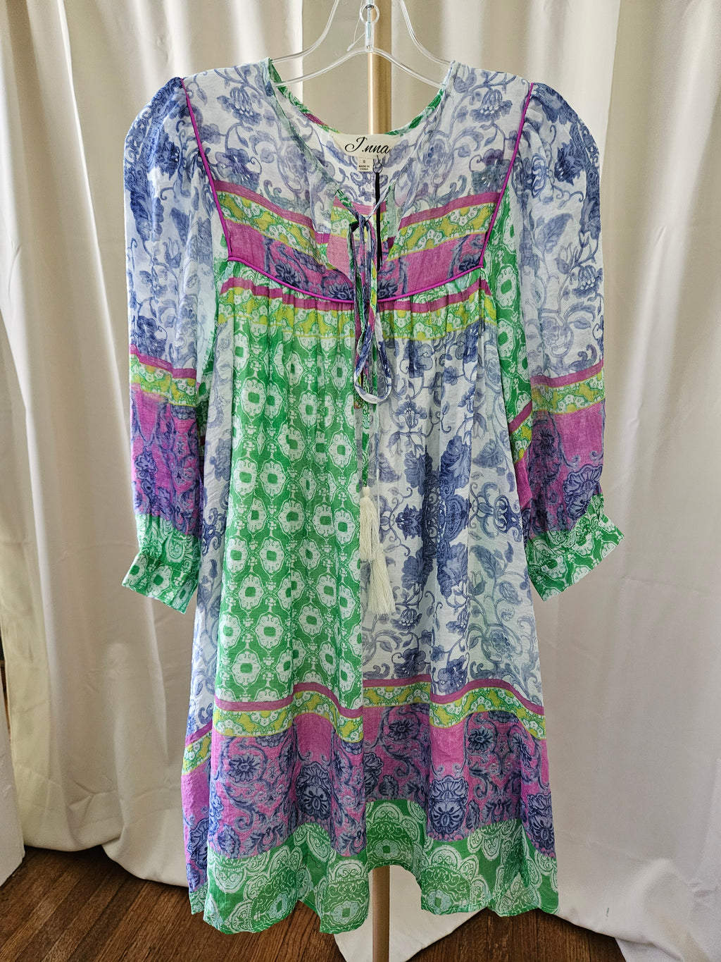 J.NNA Multi-Pattern Tunic Dress with Sheer Sleeves & Pockets |