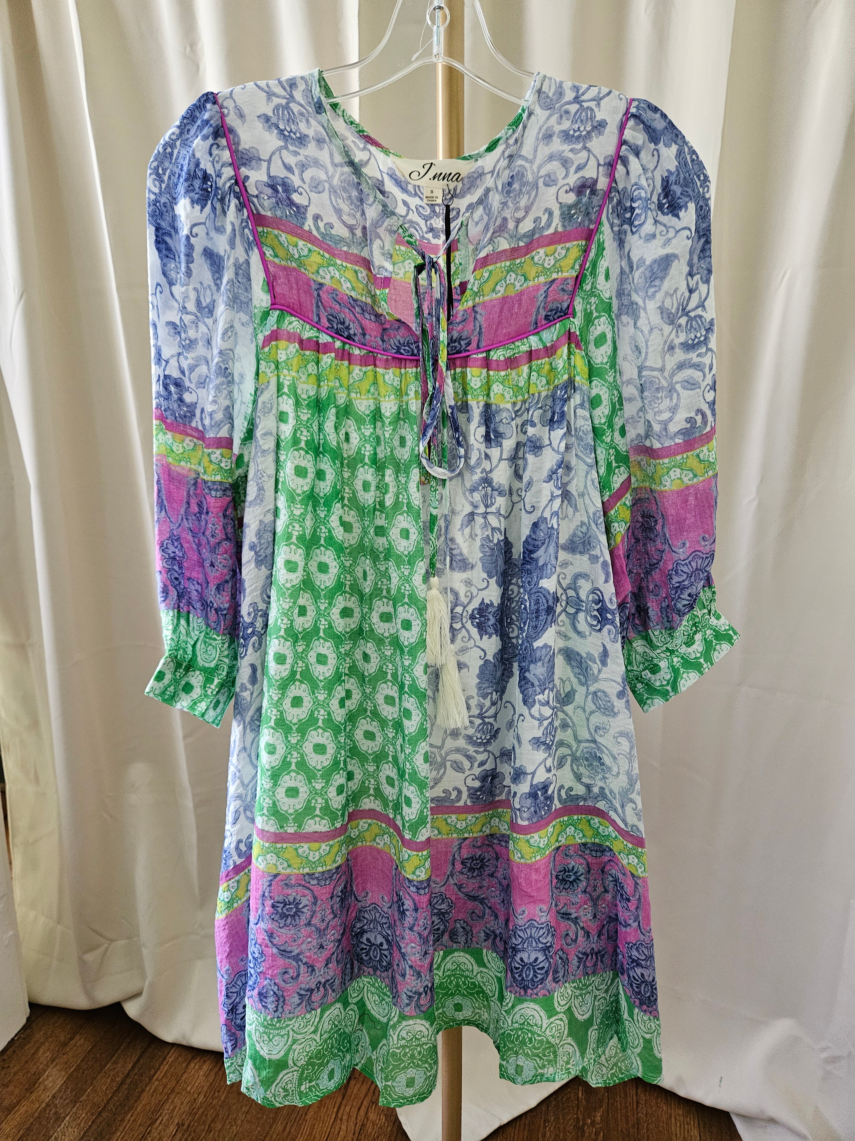 J.NNA Multi-Pattern Tunic Dress with Sheer Sleeves & Pockets |