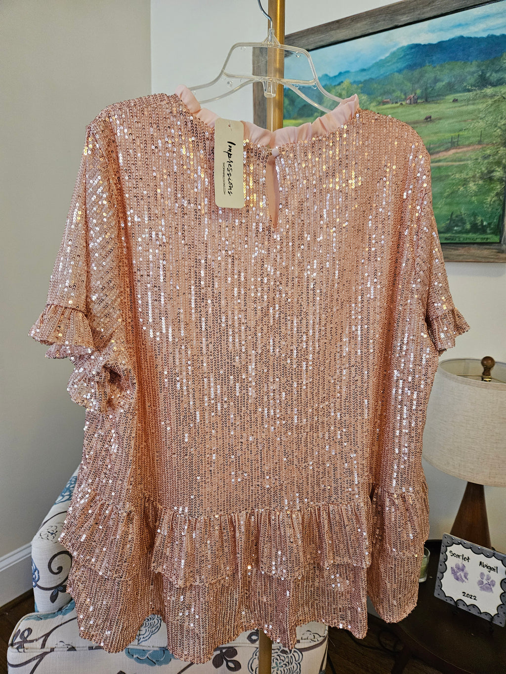 Impressions Elegant Pink Ruffle Sequin Top Sz 2X