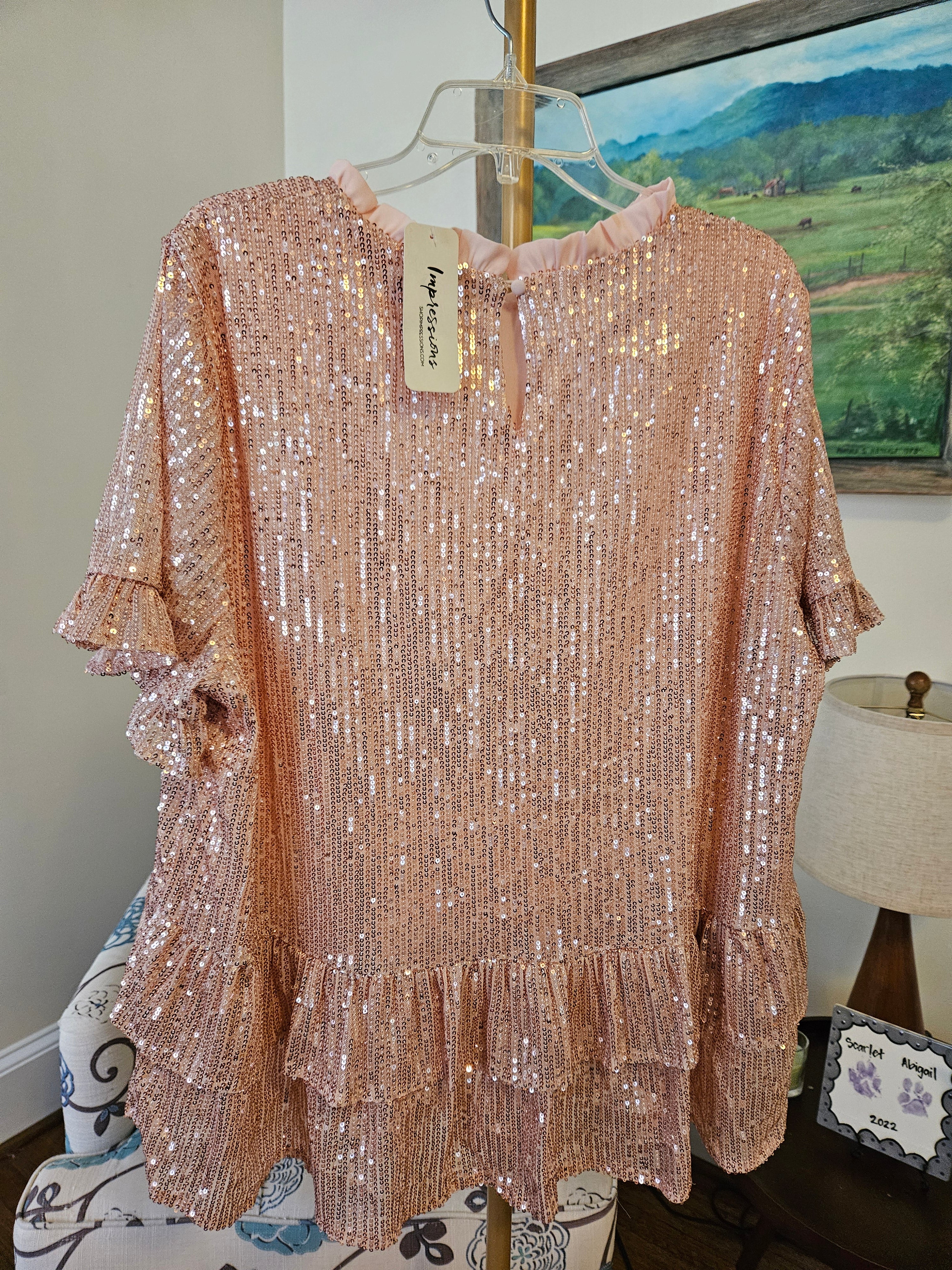 Impressions Elegant Pink Ruffle Sequin Top Sz 2X