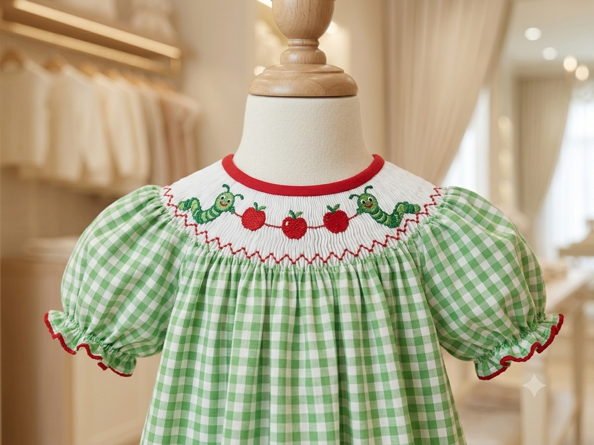 Rylee Faith Designs Smocked Bookworm Bishop Dress Green Gingham Girls