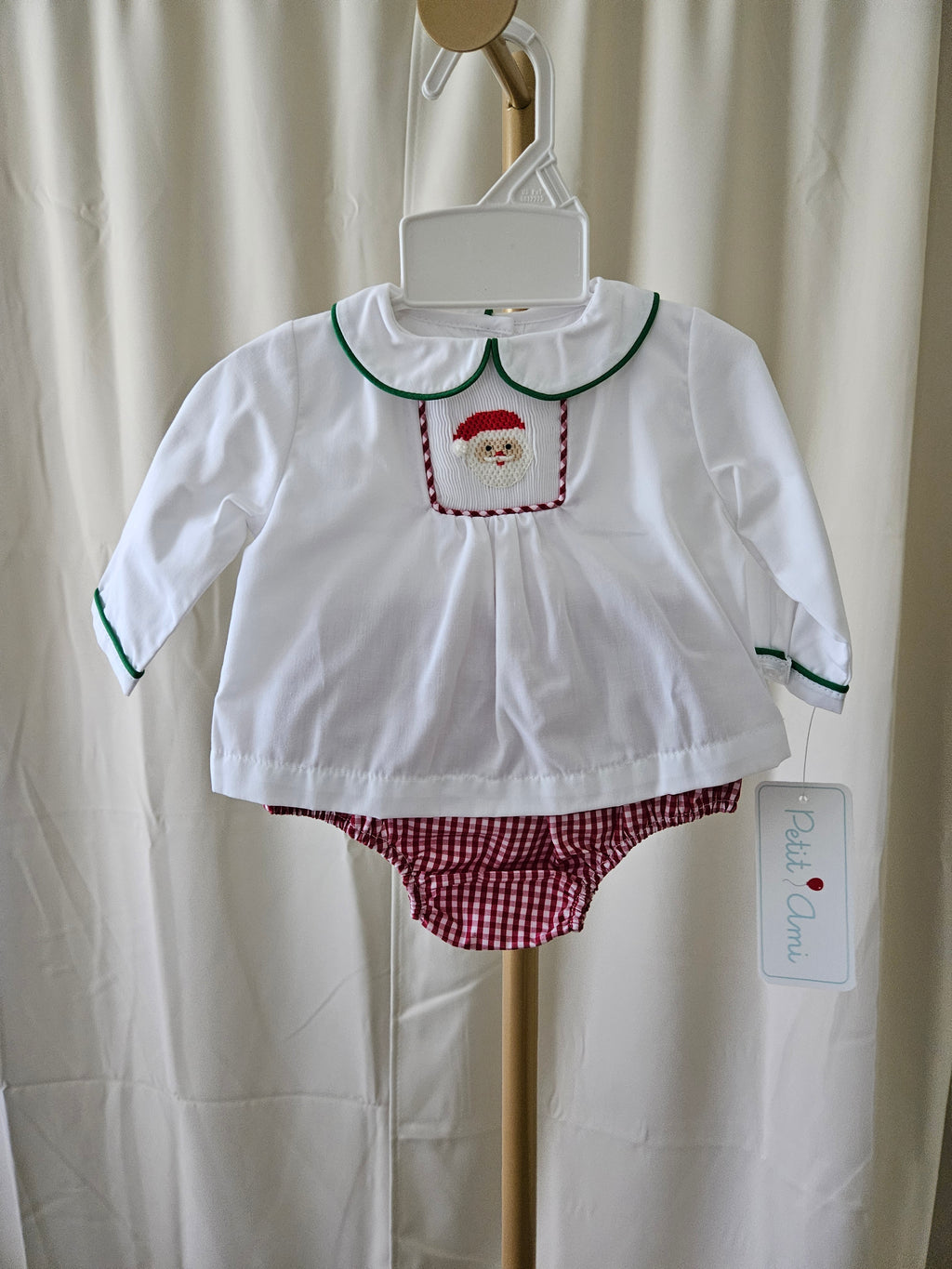 Petit Ami Smocked Santa 2-Piece Set White Top & Gingham Bloomers Sz NB