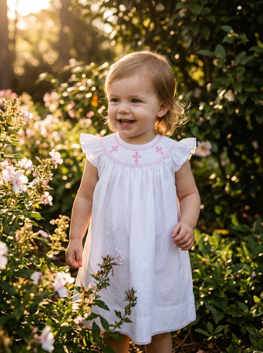 Lil Cactus White & Pink Bishop Dress Sz 6-12M