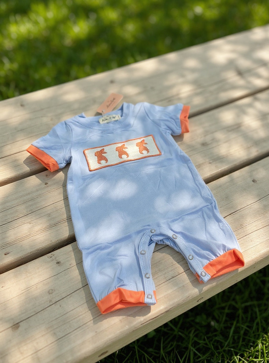 Marie Nicole Baby Blue & Orange Smocked Bunny Romper Sz 6-12M