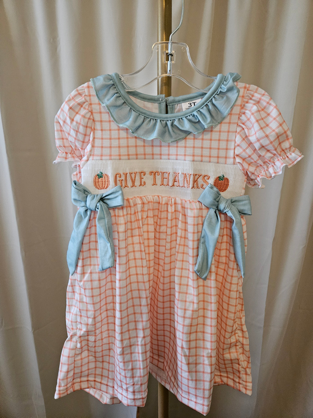 Custom Made Orange Plaid Pumpkin Smocked Dress Size 3T