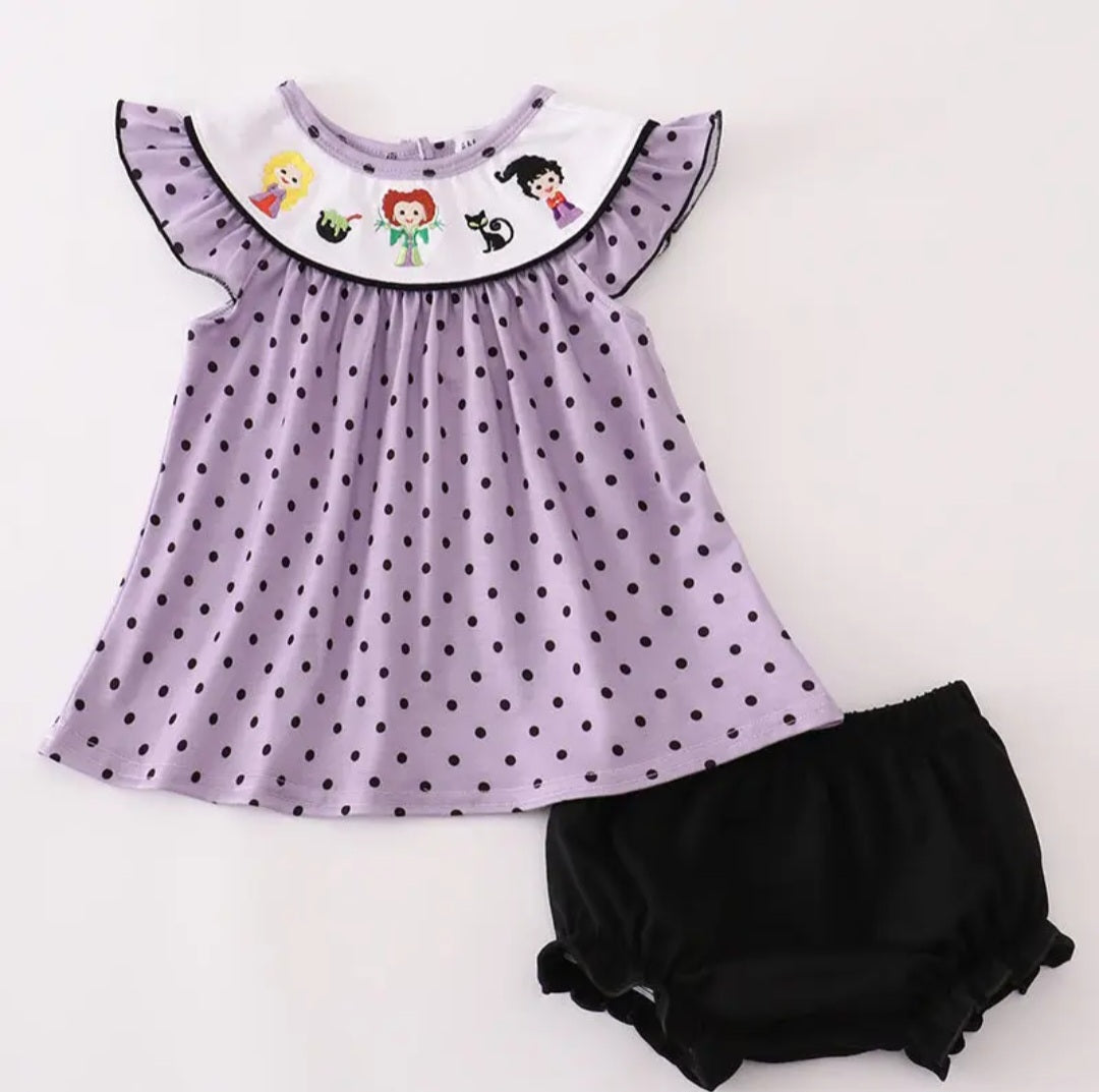 Purple Polka Dot Hocus Pocus  2pc Set with Black Bloomers