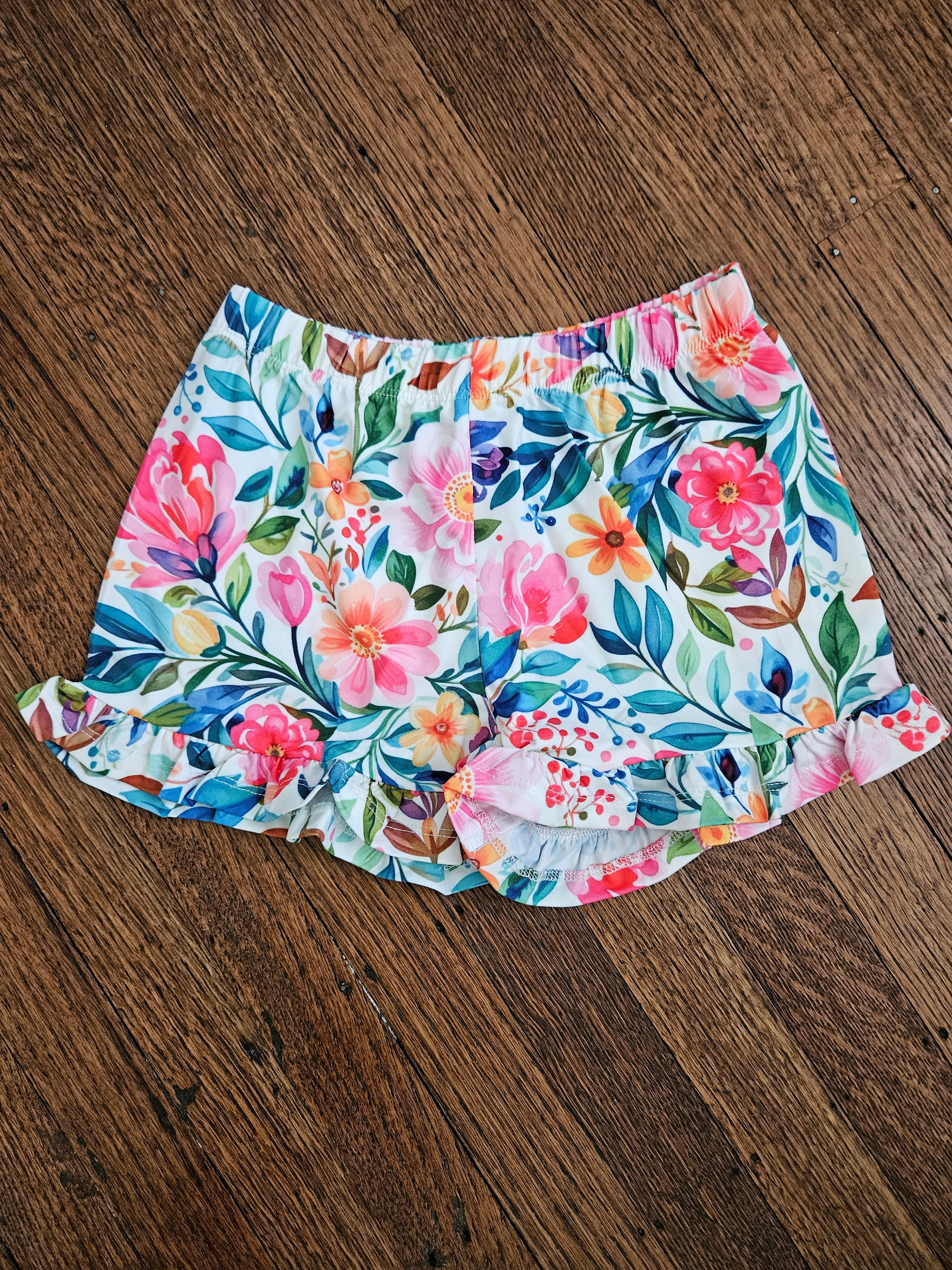 Millie Loves Lily Teal Ribbed Ruffle Cap Sleeve Top & Bright Floral Shorts Set