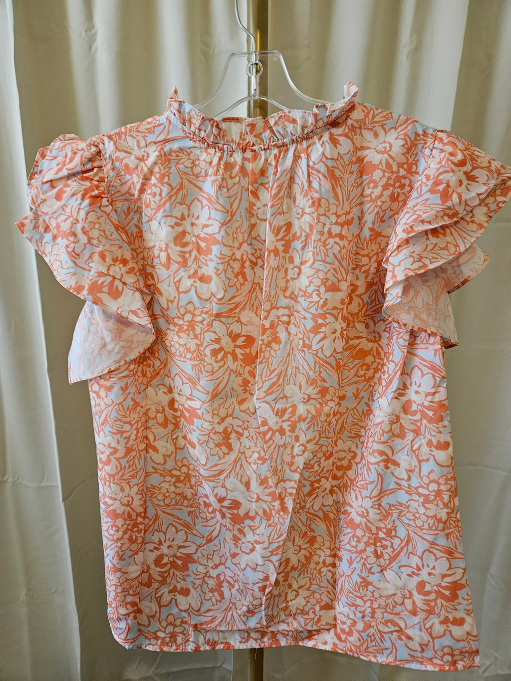 LiveFashionWay Floral Ruffle Sleeve Split NeckTop - Peach Sz Lg