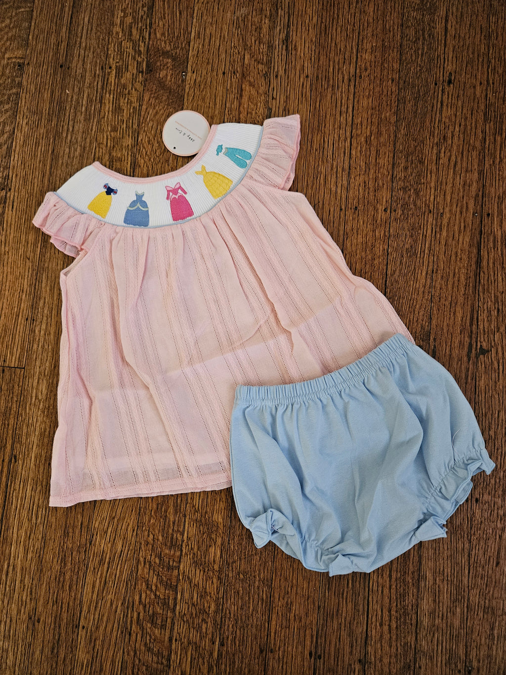 Abby & Evie Pastel Pink and Blue Smocked Disney Princess 2pc Outfit