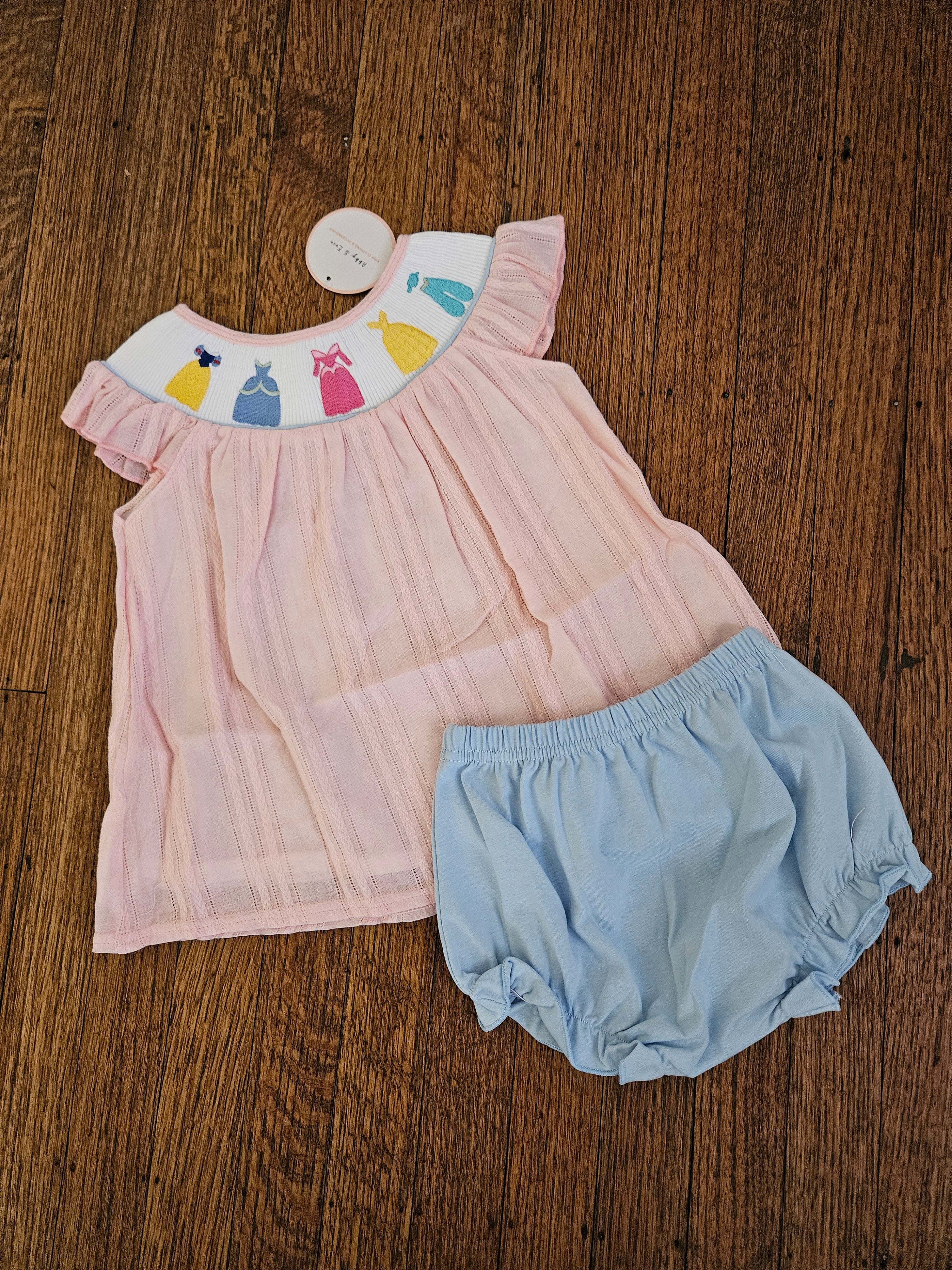 Abby & Evie Pastel Pink and Blue Smocked Disney Princess 2pc Outfit
