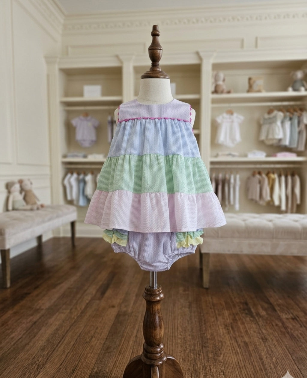 The Yellow Lamb Pastel Seersucker 2pc Set Ruffle Bloomers Sz 24M 💕
