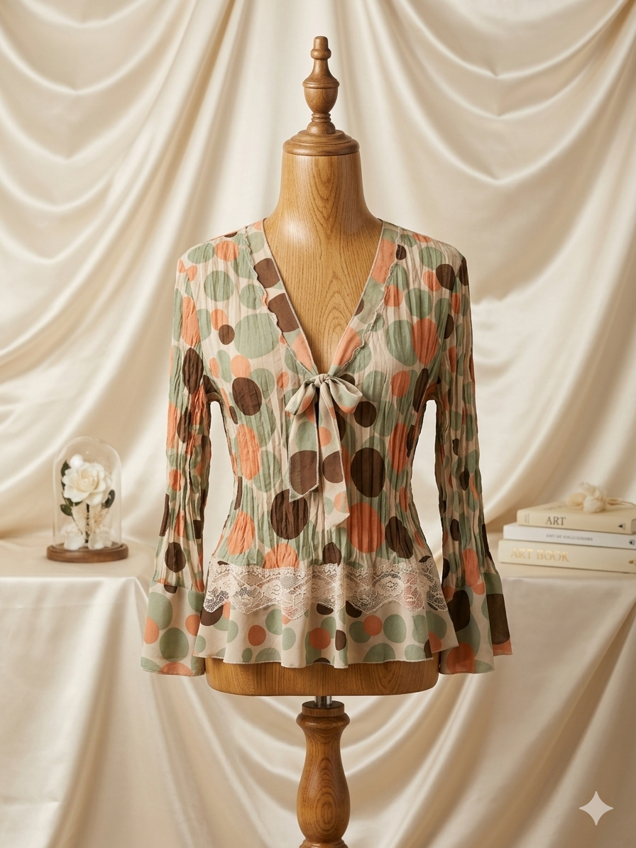 Allison Taylor Earthtone Polka Dot Sheer Blouse Bell Sleeve Lace Tie Top XL