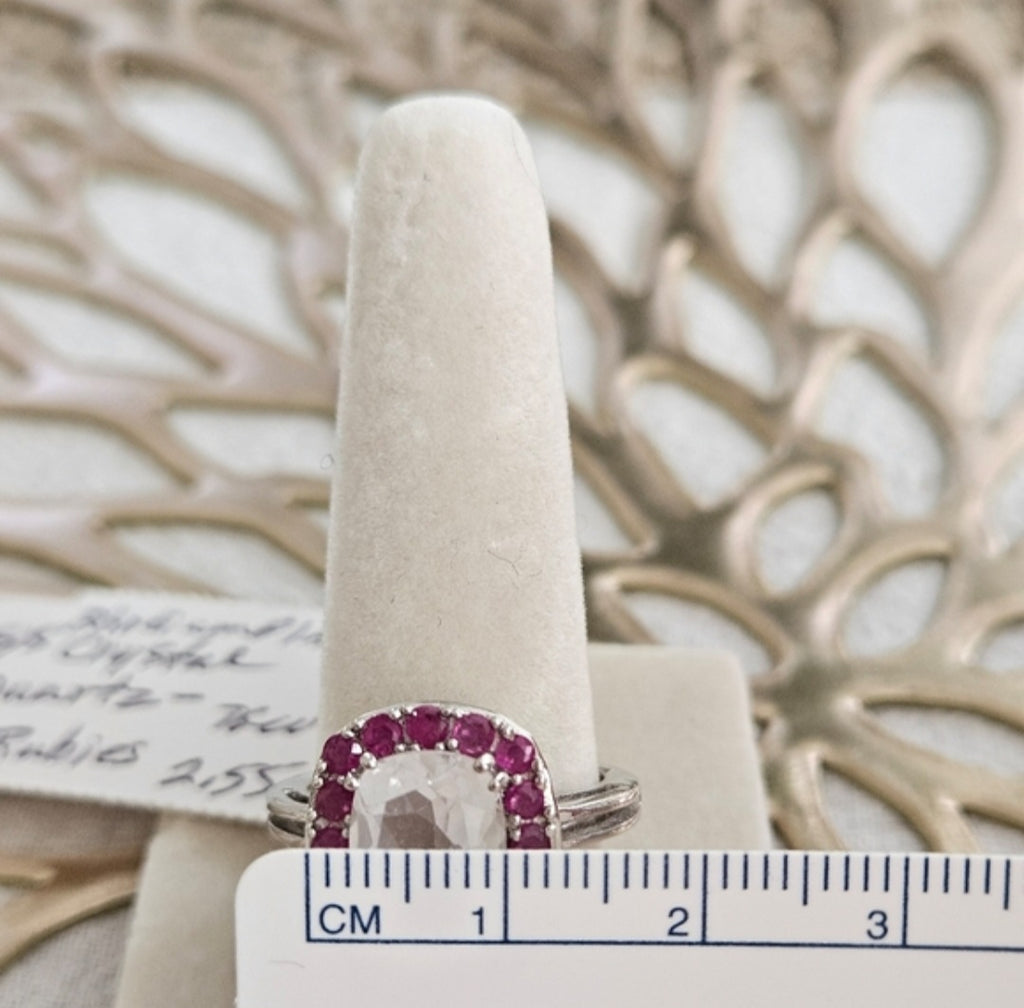 Crystal Quartz With Red Ruby Accent 925 Silver Over Rhodium Sz 7