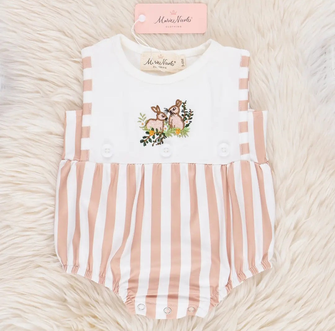 Marie Nicole Tan Striped Bunny Romper Sz 12-18M