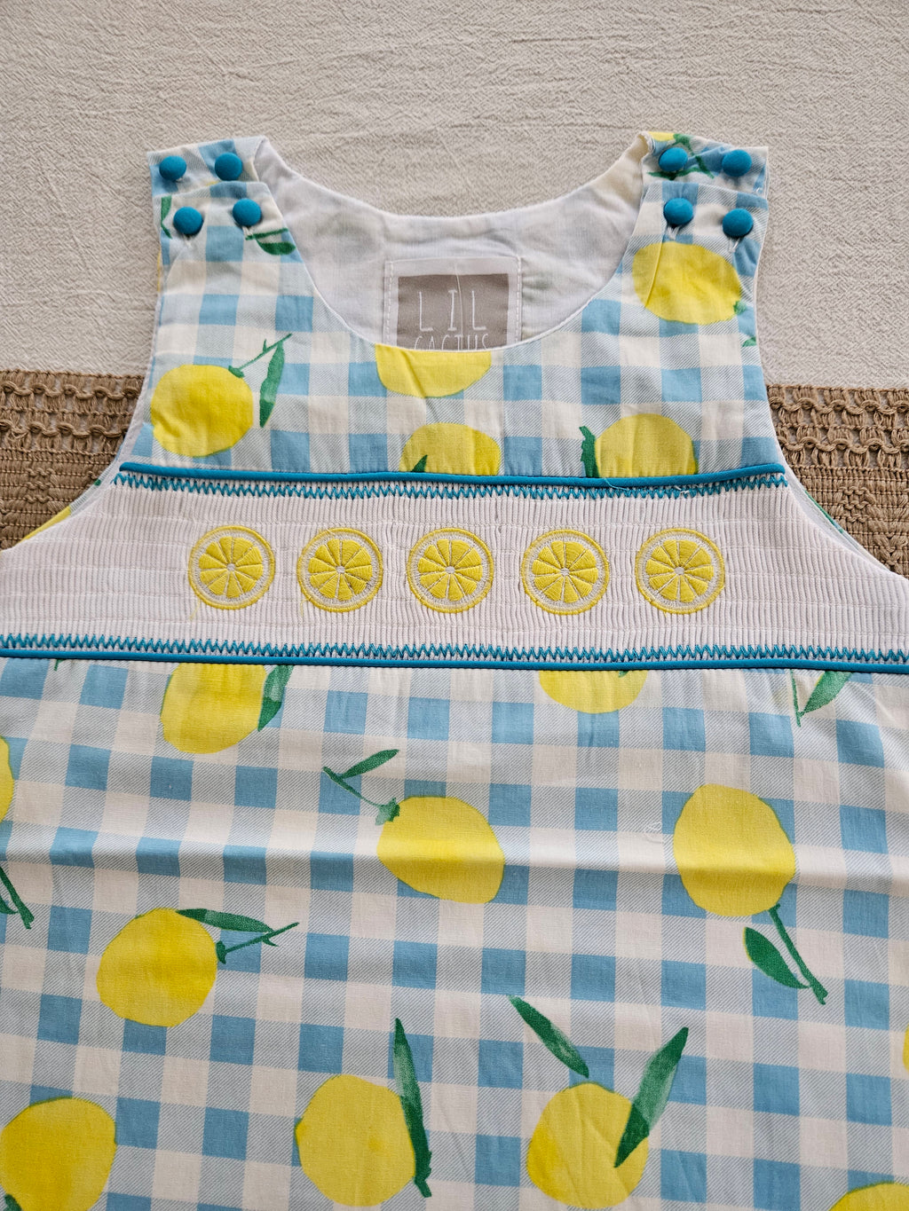 Lil Cactus Blue & White Gingham Lemon Smocked Jon Jon | Size 3T