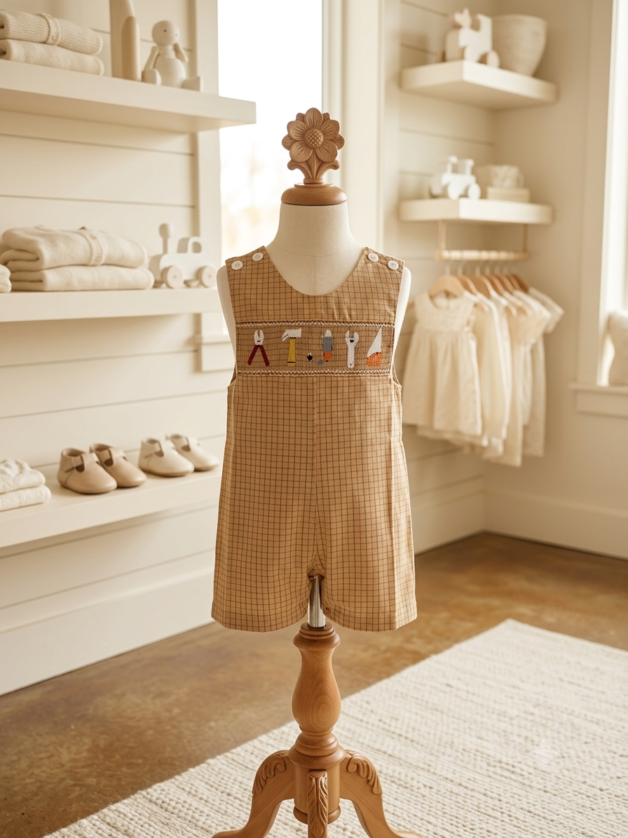 Mom & Me Brown Plaid Smocked Tools Jon Jon – Sizes 12M, 18M & 3T