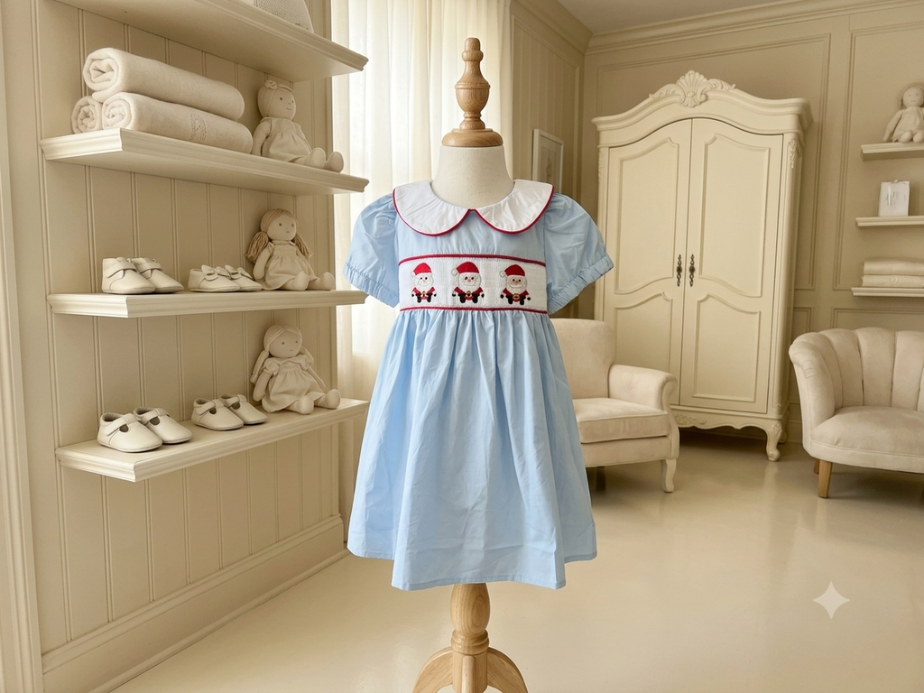 Lil Cactus Smocked Santa Dress Light Blue Red Accents Peter Pan Collar