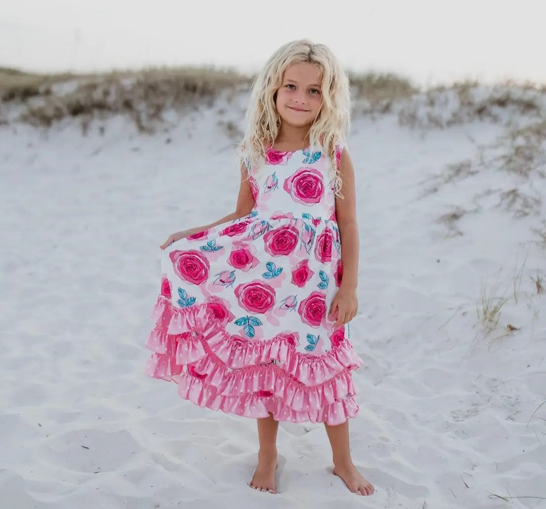 Adorable Sweetness Pink Rose 3 Ruffle Twirl Dress