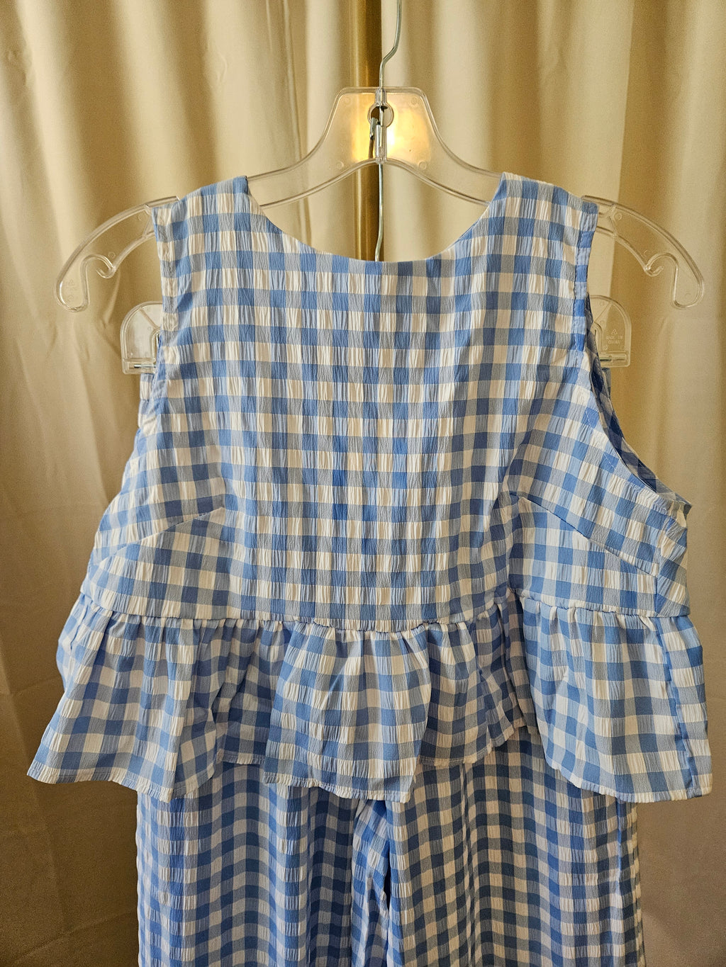 Blue & White Gingham 2-Piece Set | Open Back Top & Wide Leg Pants