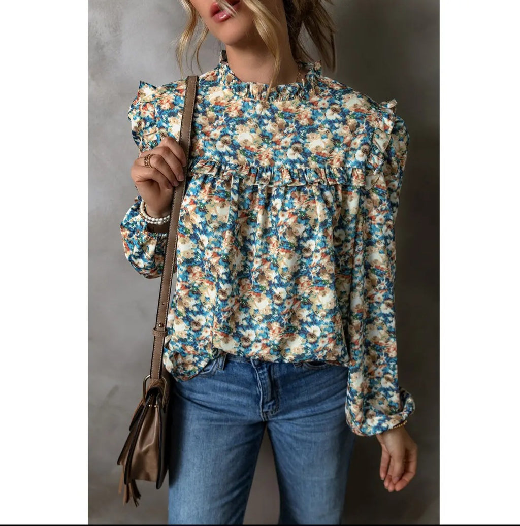 Lovesoft Floral Print Frilled Mock Neck Puff Sleeve Blouse Sz Med