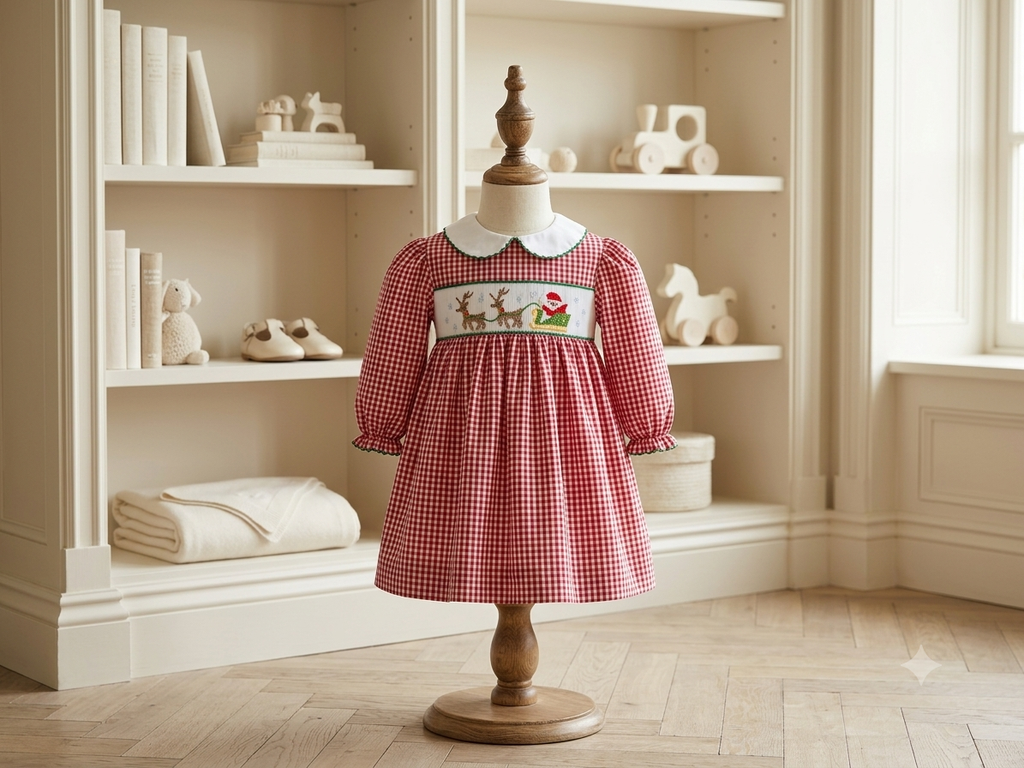 Petit Ami Smocked Santa & Reindeer Holiday Dress with Bloomers | Sizes 3M, 6M & 24M