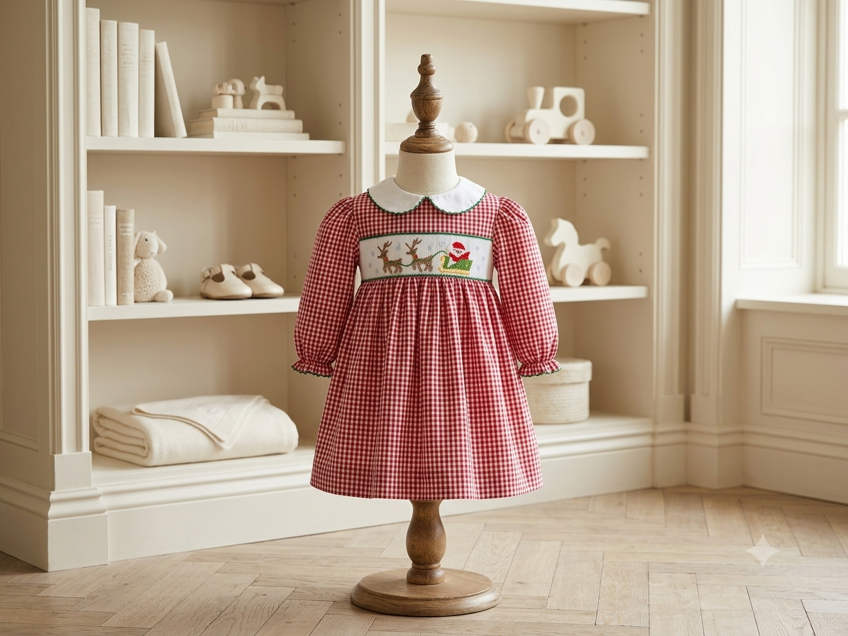 Petit Ami Smocked Santa & Reindeer Holiday Dress with Bloomers | Sizes 3M, 6M & 24M