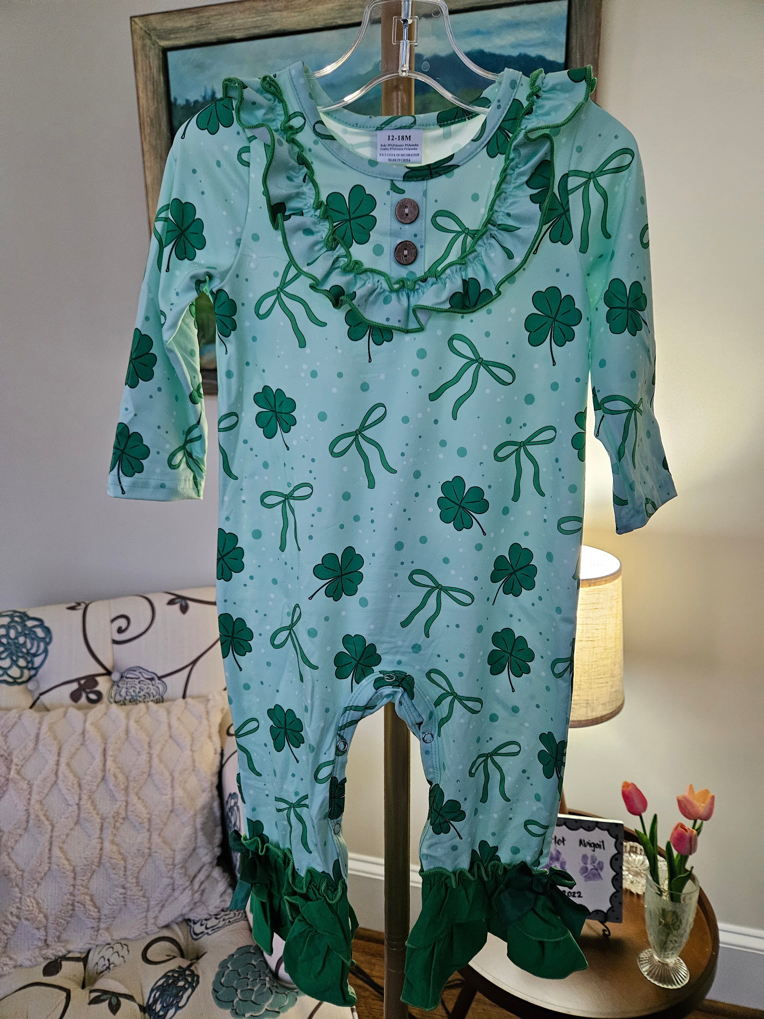 Auraquise Green Shamrock Romper with Ruffle Details