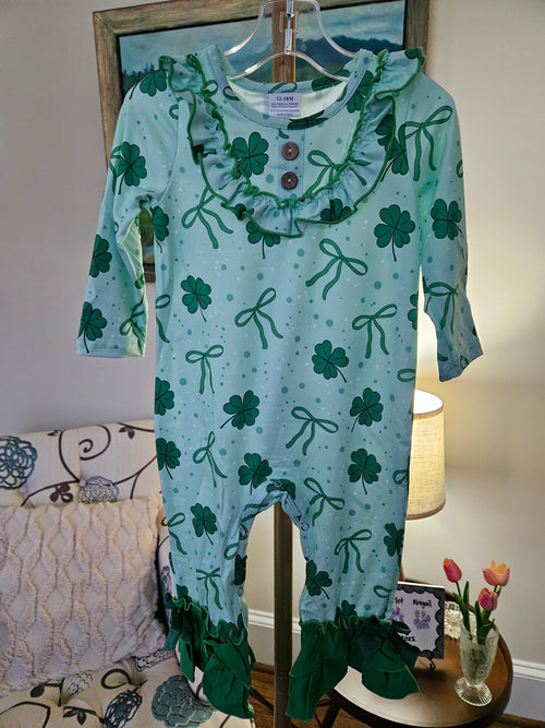 Auraquise Green Shamrock Romper with Ruffle Details