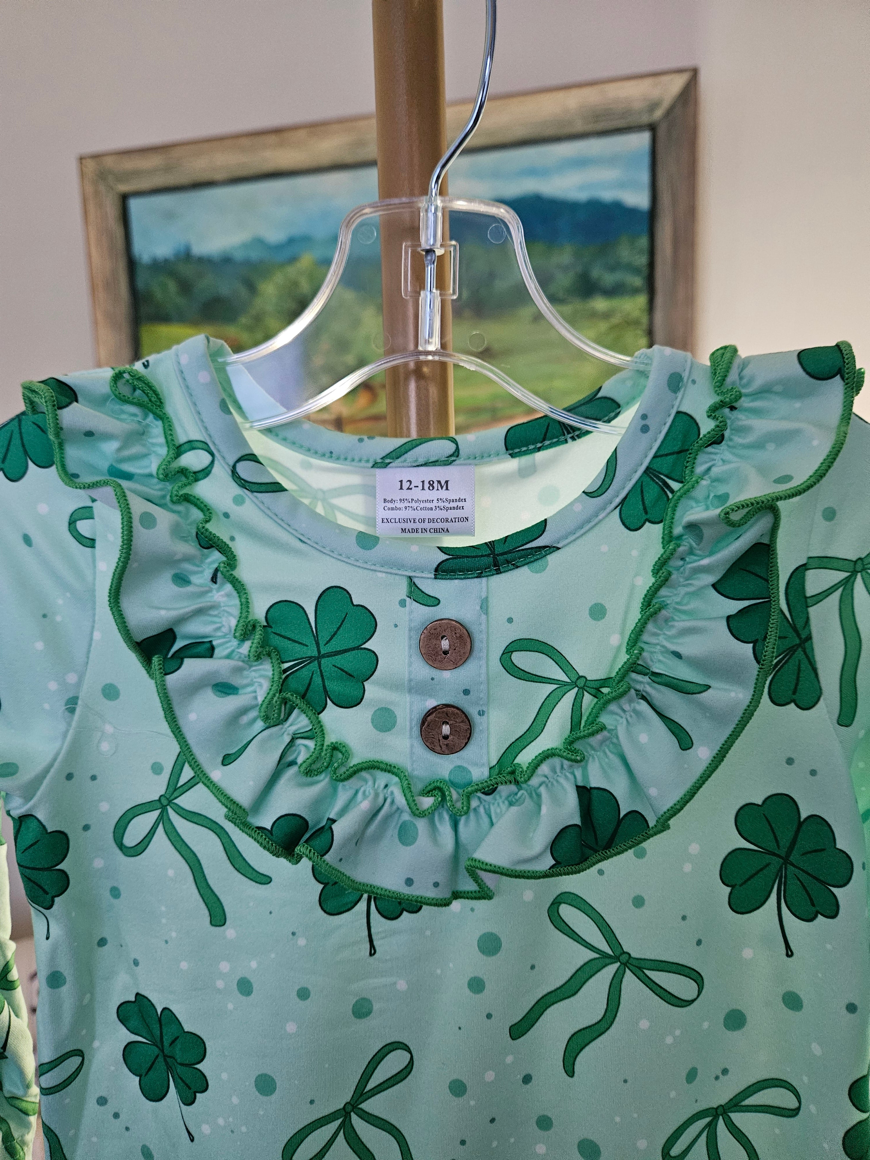 Auraquise Green Shamrock Romper with Ruffle Details