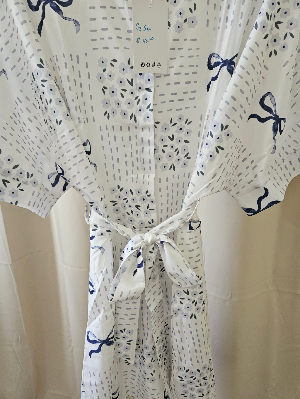 Rosa Clothing Blue & White Floral Bow Romper Blouse | Tie Waist | NWT