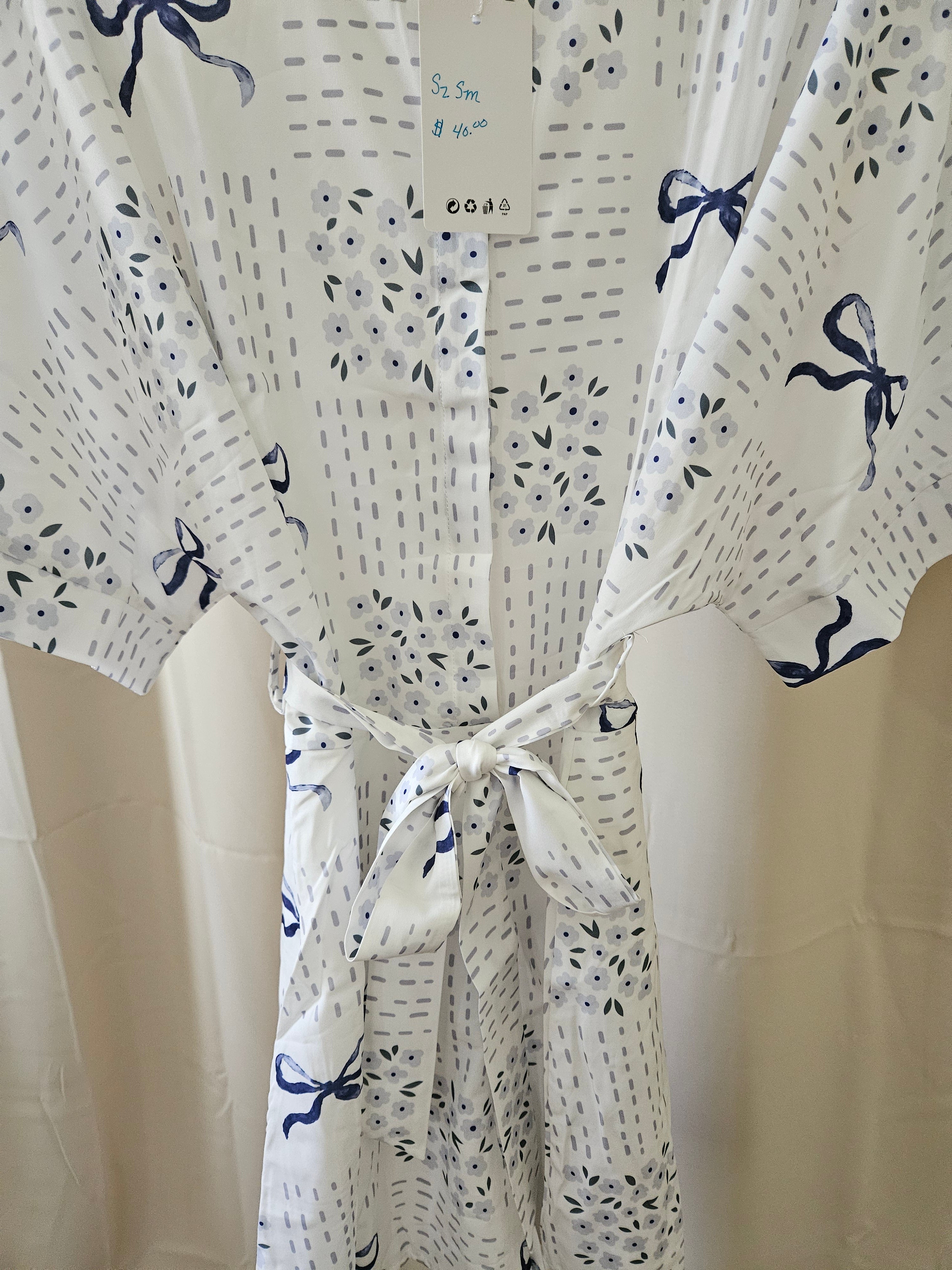 Rosa Clothing Blue & White Floral Bow Romper Blouse | Tie Waist | NWT