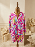 Dear Scarlett Floral V-Neck Blouse 3/4 Sleeve Fuchsia Green Blue Size 2XL