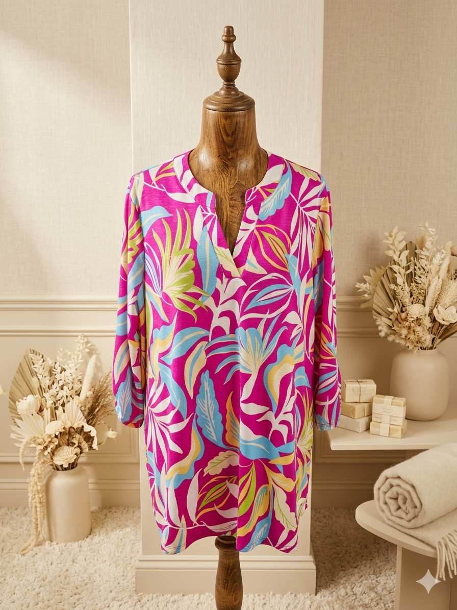 Dear Scarlett Floral V-Neck Blouse 3/4 Sleeve Fuchsia Green Blue Size 2XL