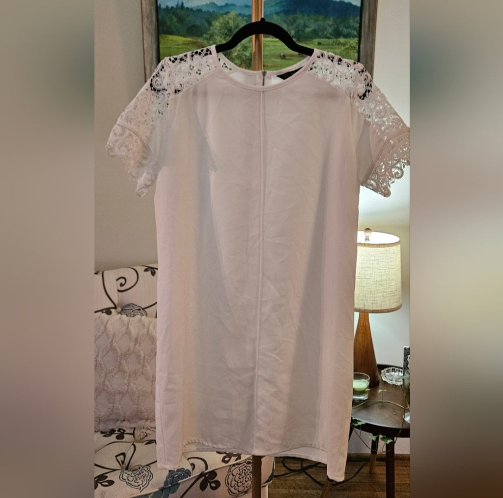 Zara White Lace Sleeve Dress with Zipper Back Size Large