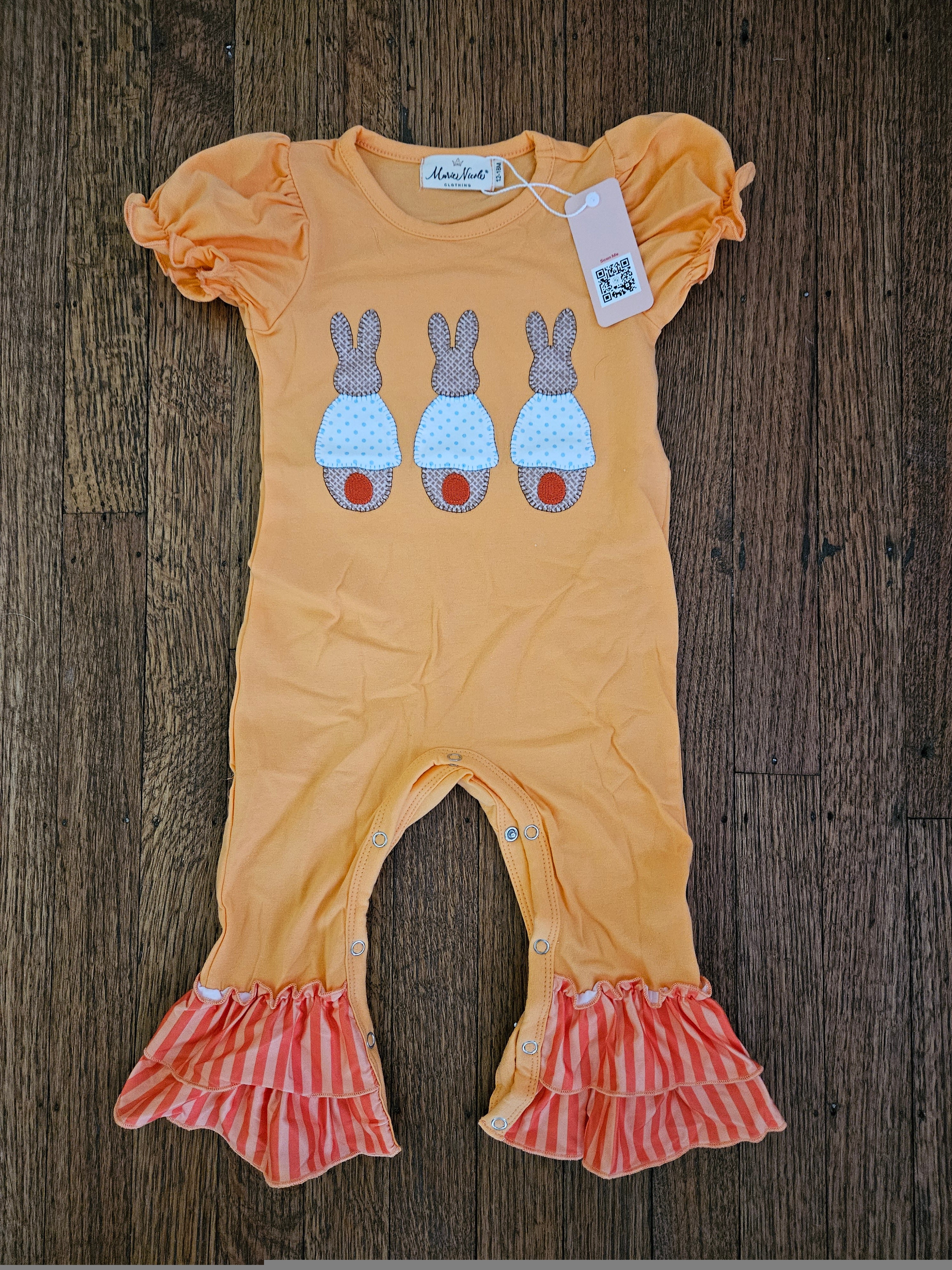 Marie Nicole Orange Bunny Ruffle Romper Sz 12-18M