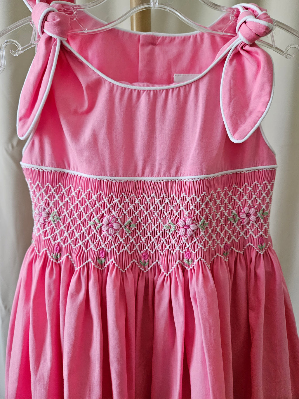 Mom & Me Hot Pink Geometric Smocked Dress w/ Roses Tie Shoulder Boutique