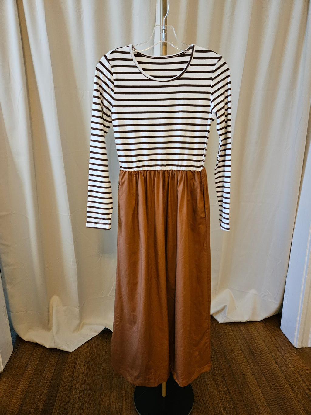 Brown Stripe Ribbed Knit Long Sleeve Bodice Contrast Patchwork Flared Dress  In Stock
