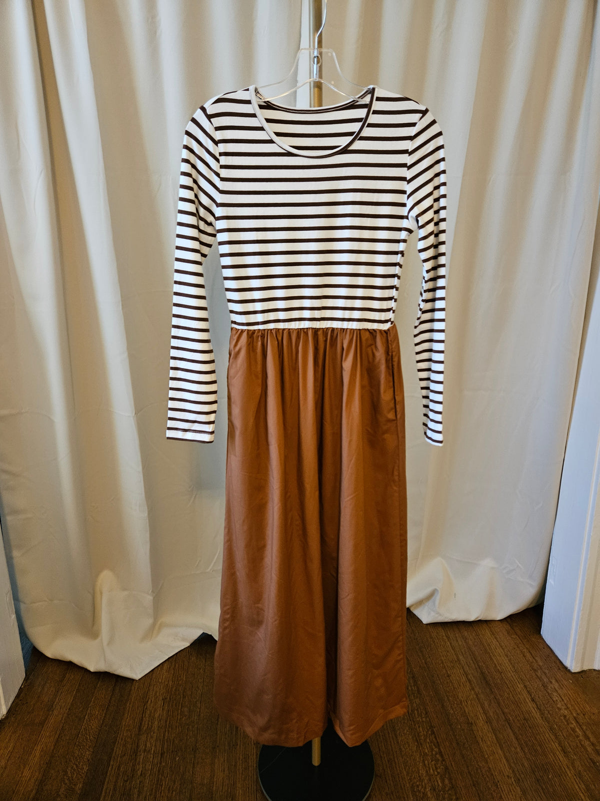 Brown Stripe Ribbed Knit Long Sleeve Bodice Contrast Patchwork Flared Dress  In Stock
