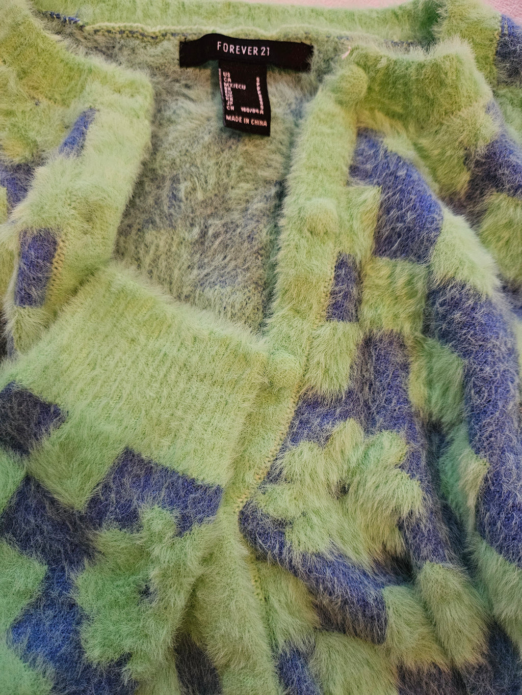 Forever 21 Green and Blue Fuzzy Checkered Cardigan Sz Sm