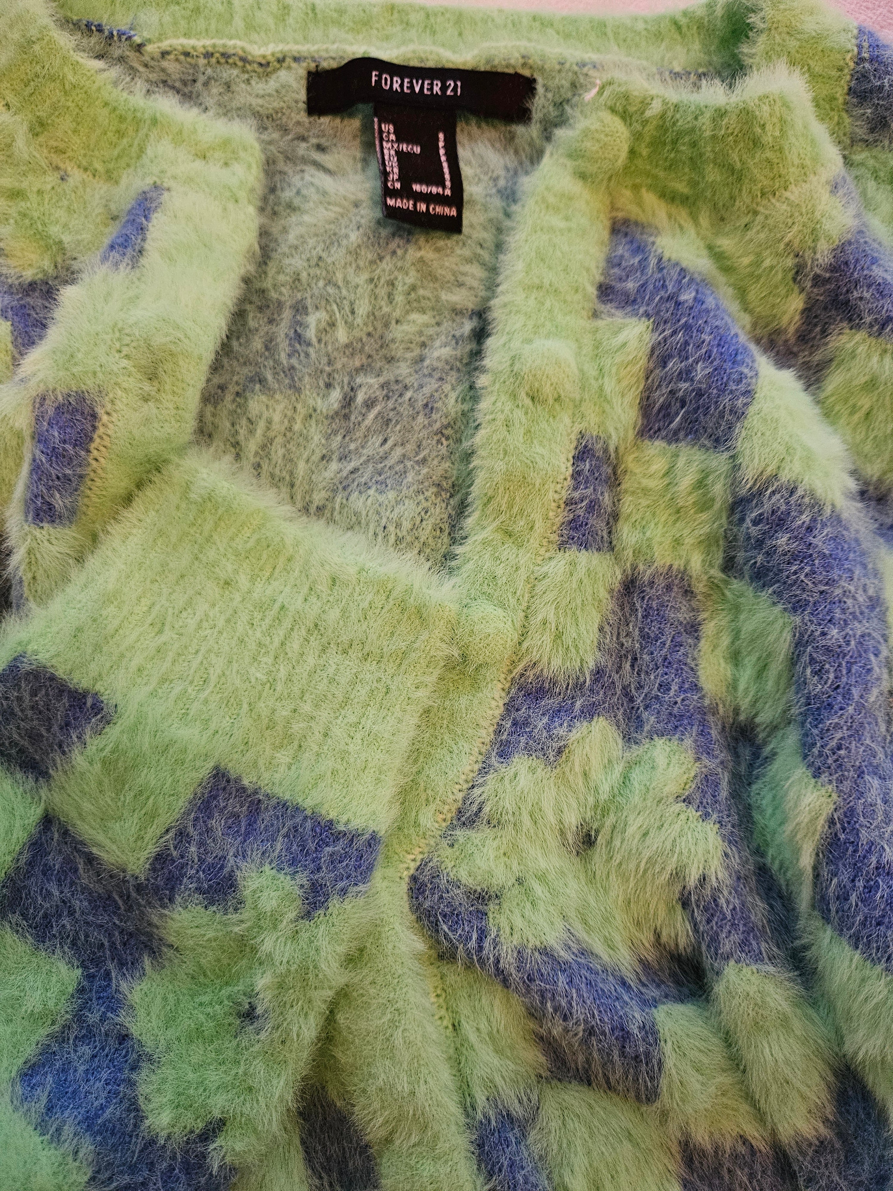 Forever 21 Green and Blue Fuzzy Checkered Cardigan Sz Sm
