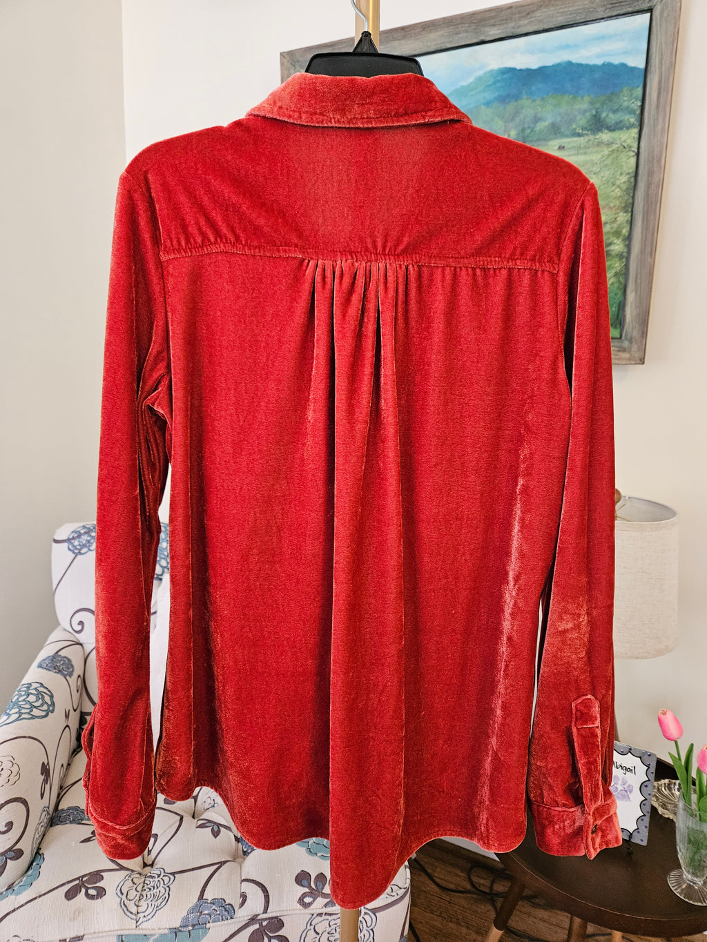Umgee Velour Button-Down Shirt - Deep Orange Sz M