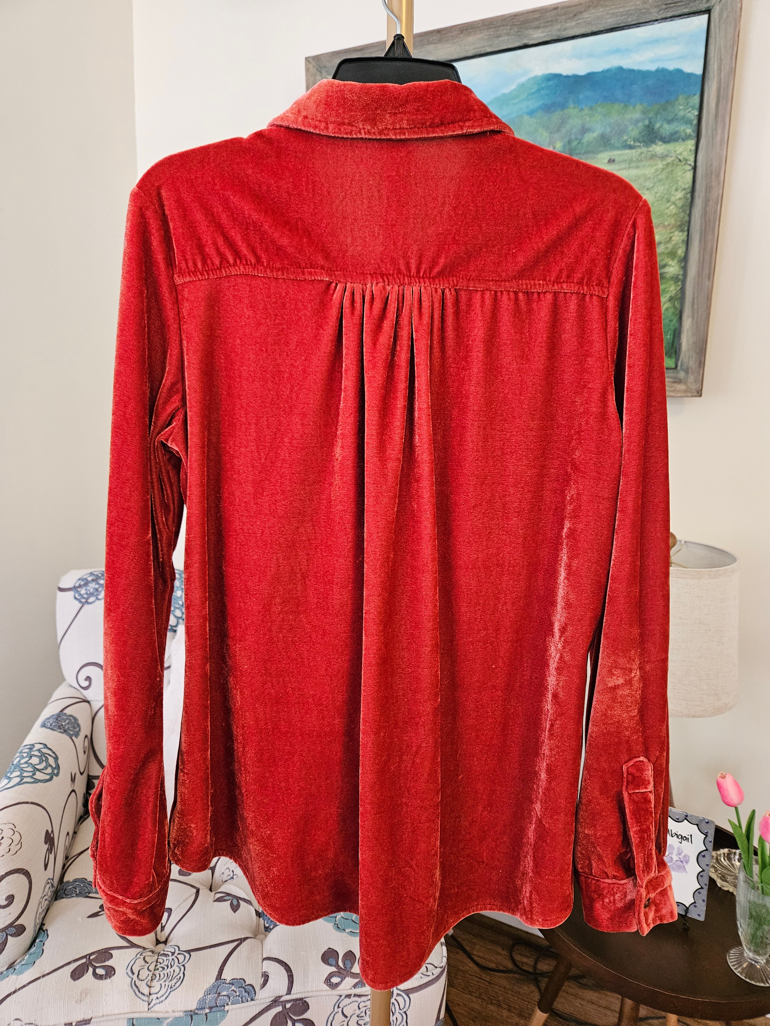 Umgee Velour Button-Down Shirt - Deep Orange Sz M