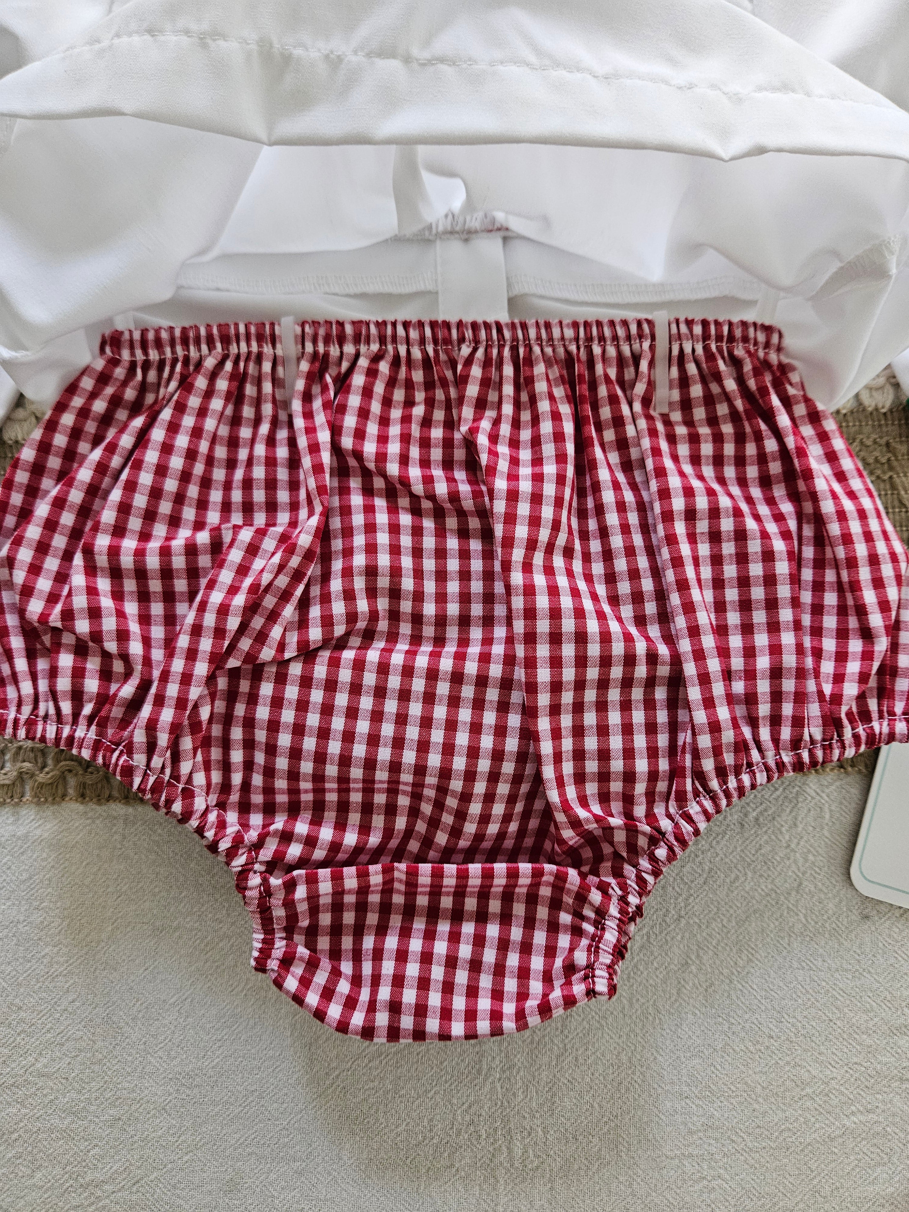 Petit Ami Smocked Santa 2-Piece Set White Top & Gingham Bloomers Sz NB