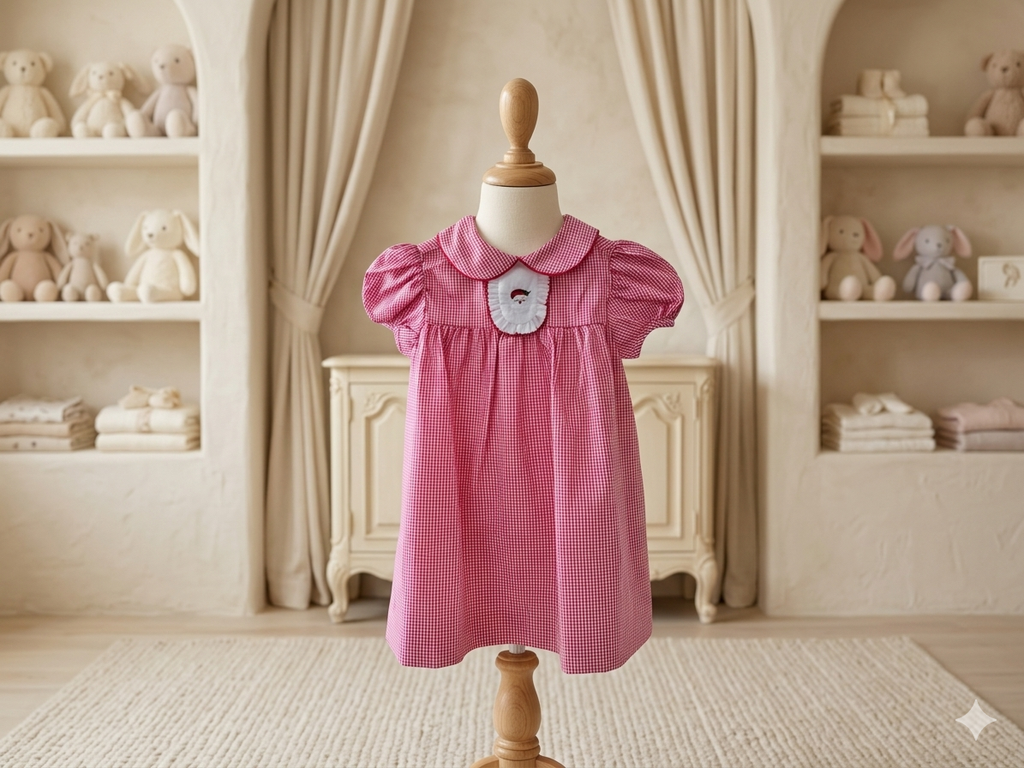 Baby Blessings Embroidered Santa Gingham Dress