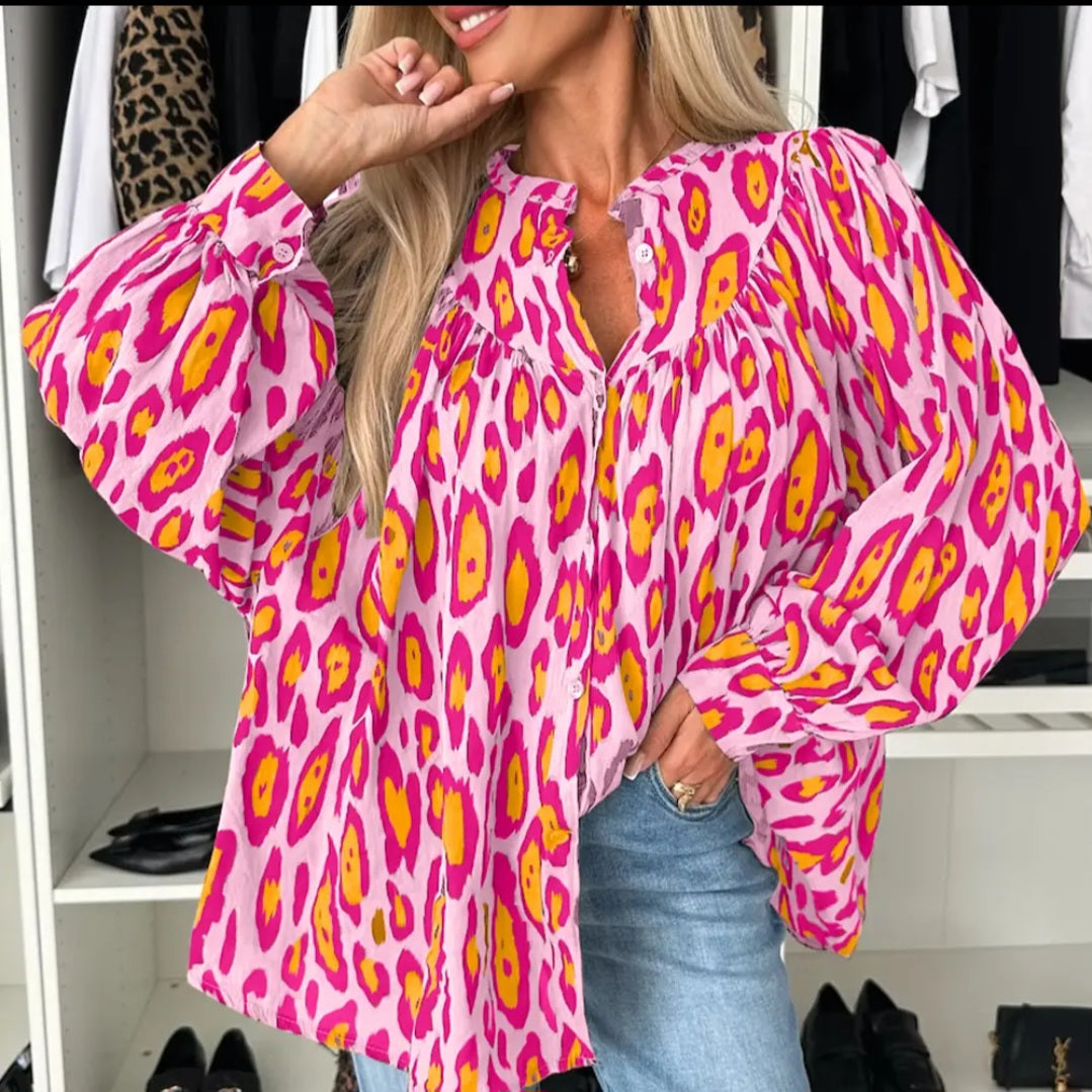 Lovesoft Rose Red Oversized Leopard Print Balloon Sleeve Casual Shirt Sz Sm
