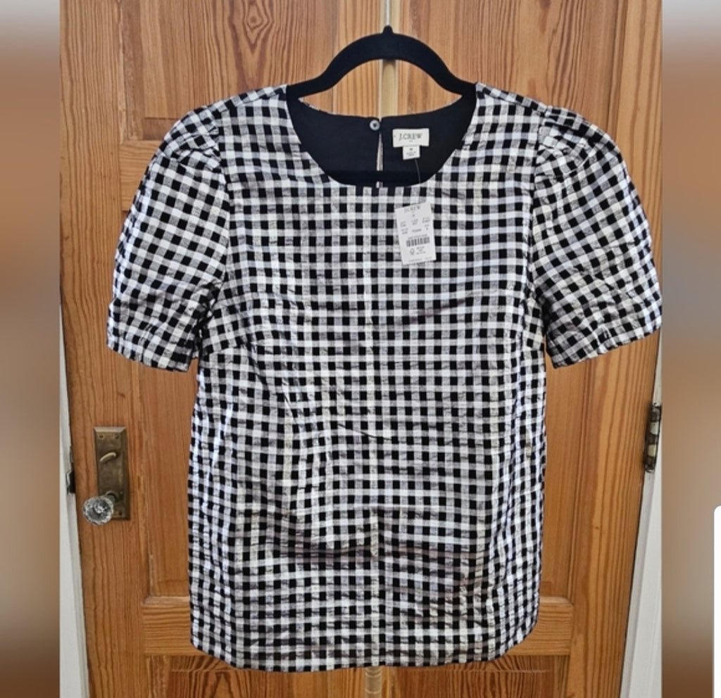 J.Crew Metallic Silver & Blk Gingham Top Size Small