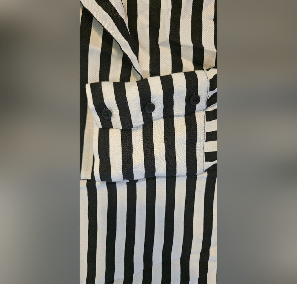 Zara Basic Blk & White Striped Wide Cuff Button Up Blouse Size Medium