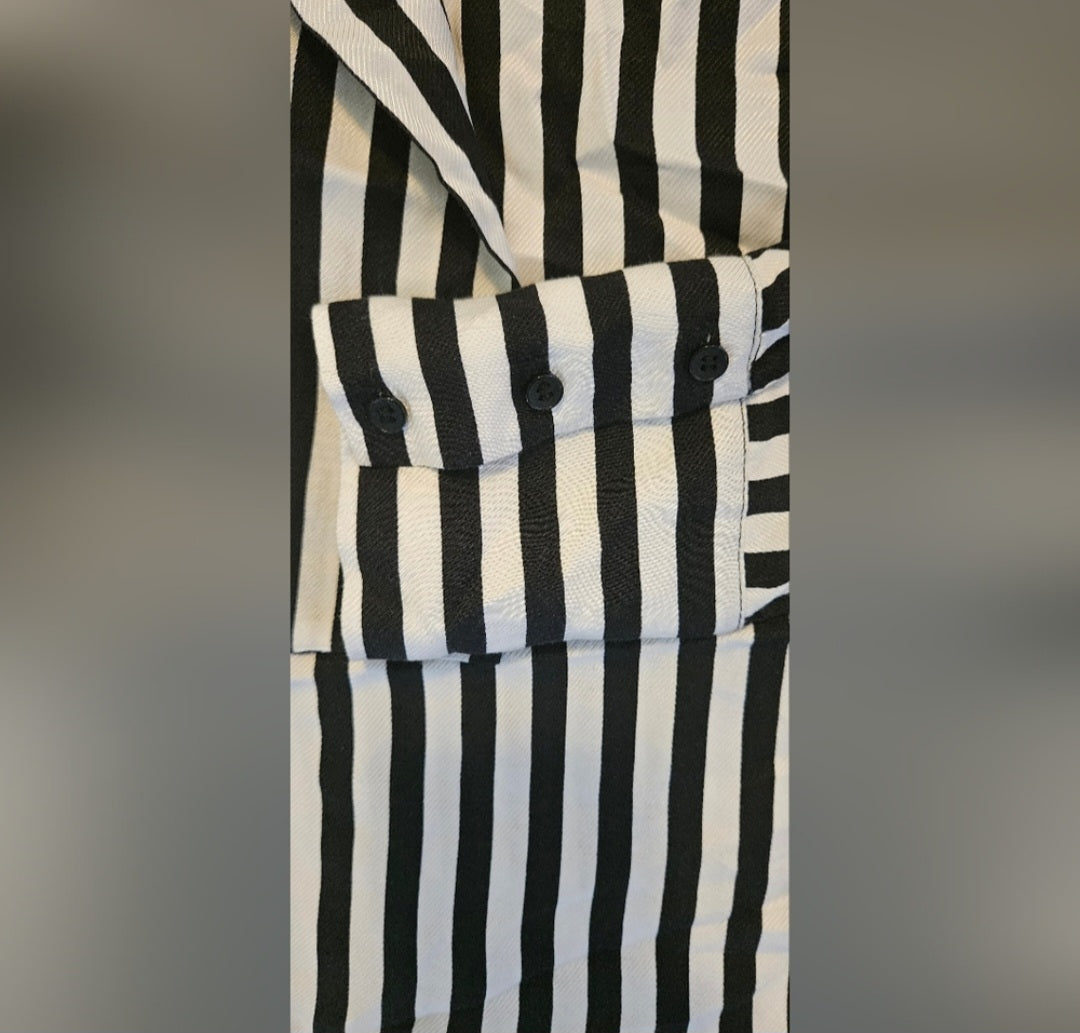 Zara Basic Blk & White Striped Wide Cuff Button Up Blouse Size Medium